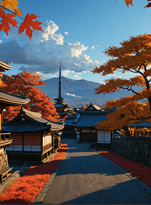 temple, maple tree, stone wall, path, mountain