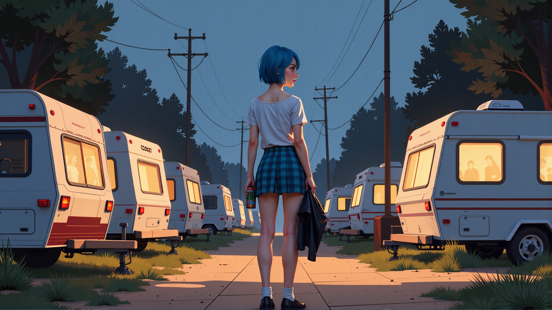 AI generated wallpaper featuring girl, camper, trailer, trees, power lines