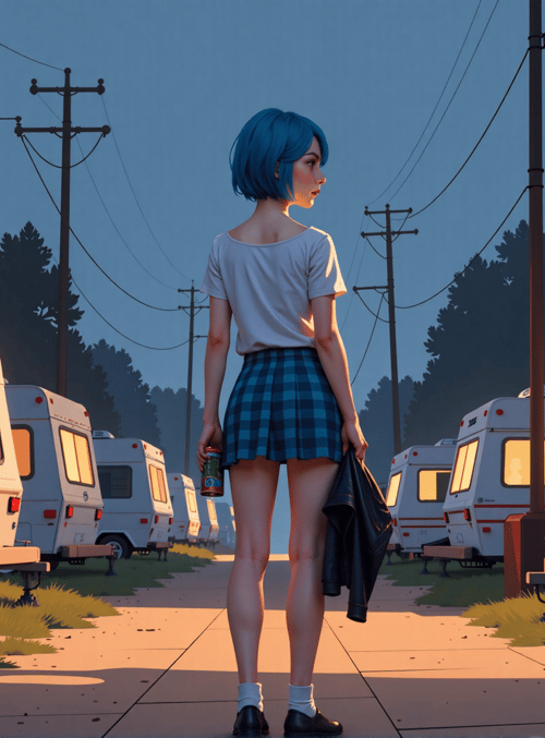 girl, camper, trailer, trees, power lines