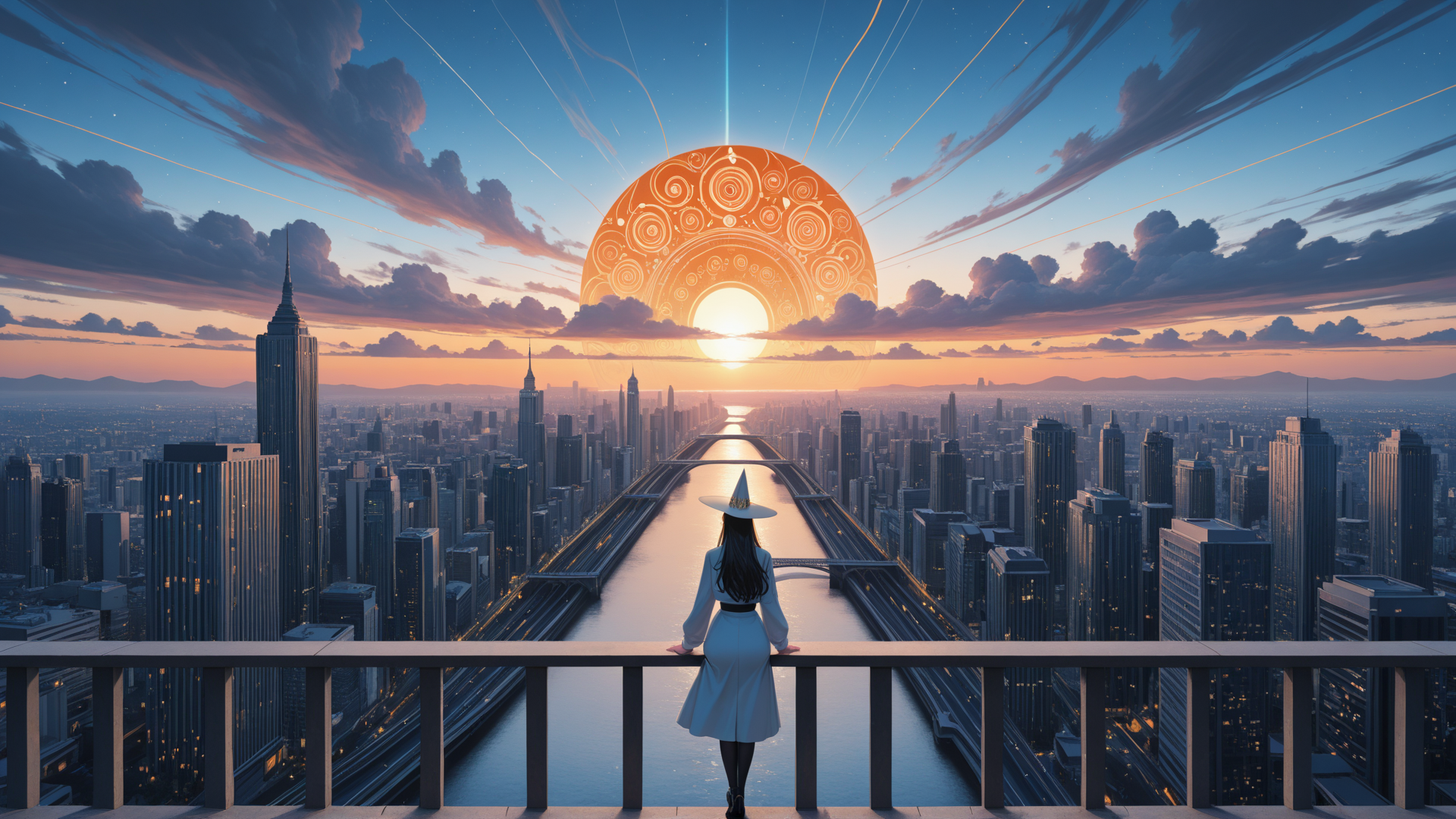AI generated wallpaper featuring woman, cityscape, sun, river, skyscrapers, hat, balcony