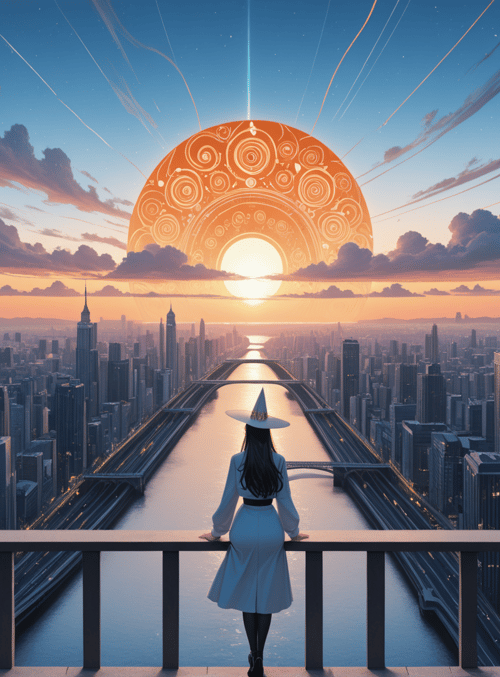 woman, cityscape, sun, river, skyscrapers, hat, balcony