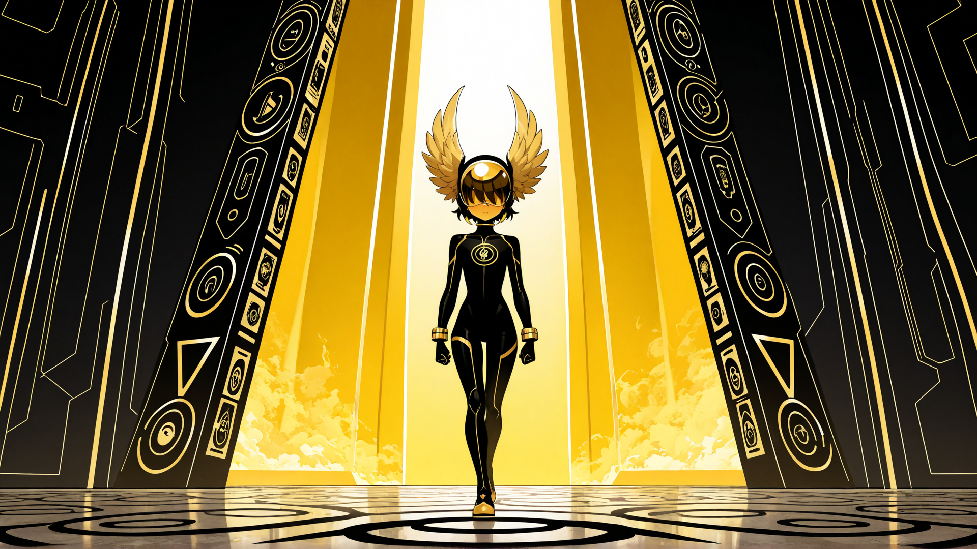 AI generated wallpaper featuring figure, wings, armor, gloves, helmet, suits, symbols, columns, floor, clouds