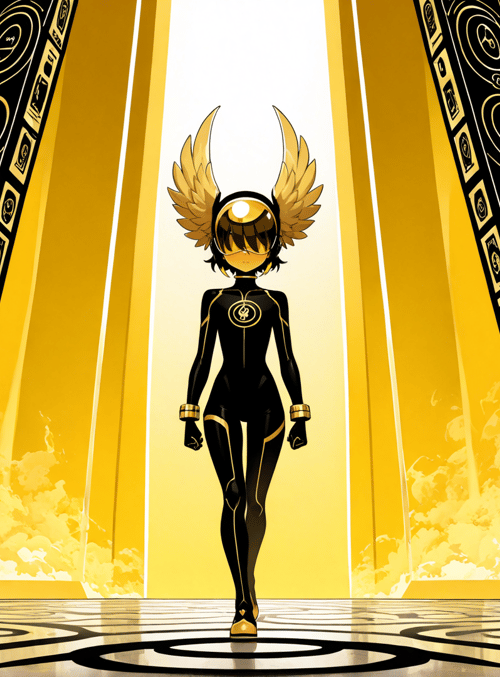 figure, wings, armor, gloves, helmet, suits, symbols, columns, floor, clouds