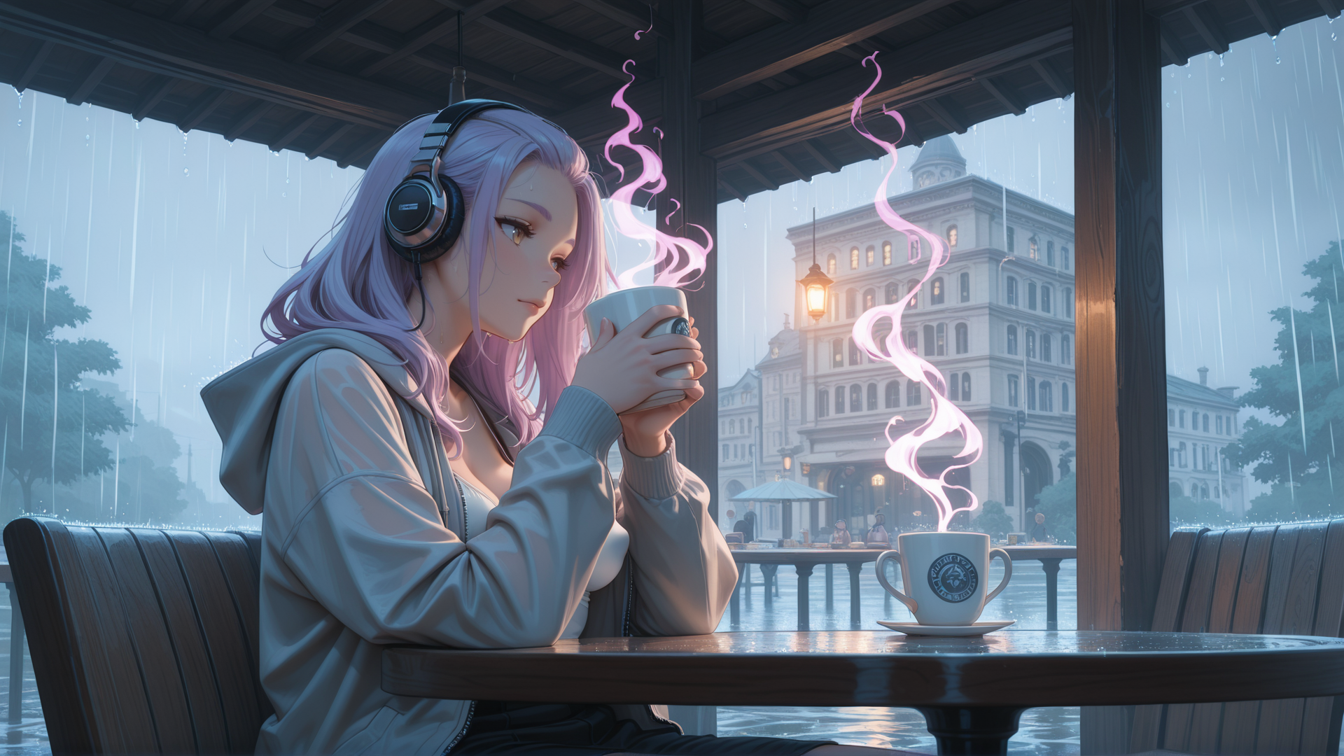AI generated wallpaper featuring girl, headphones, coffee cup, rain, building, table, chair, trees, lamp, umbrella