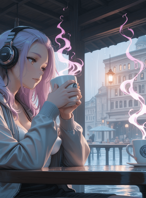 girl, headphones, coffee cup, rain, building, table, chair, trees, lamp, umbrella
