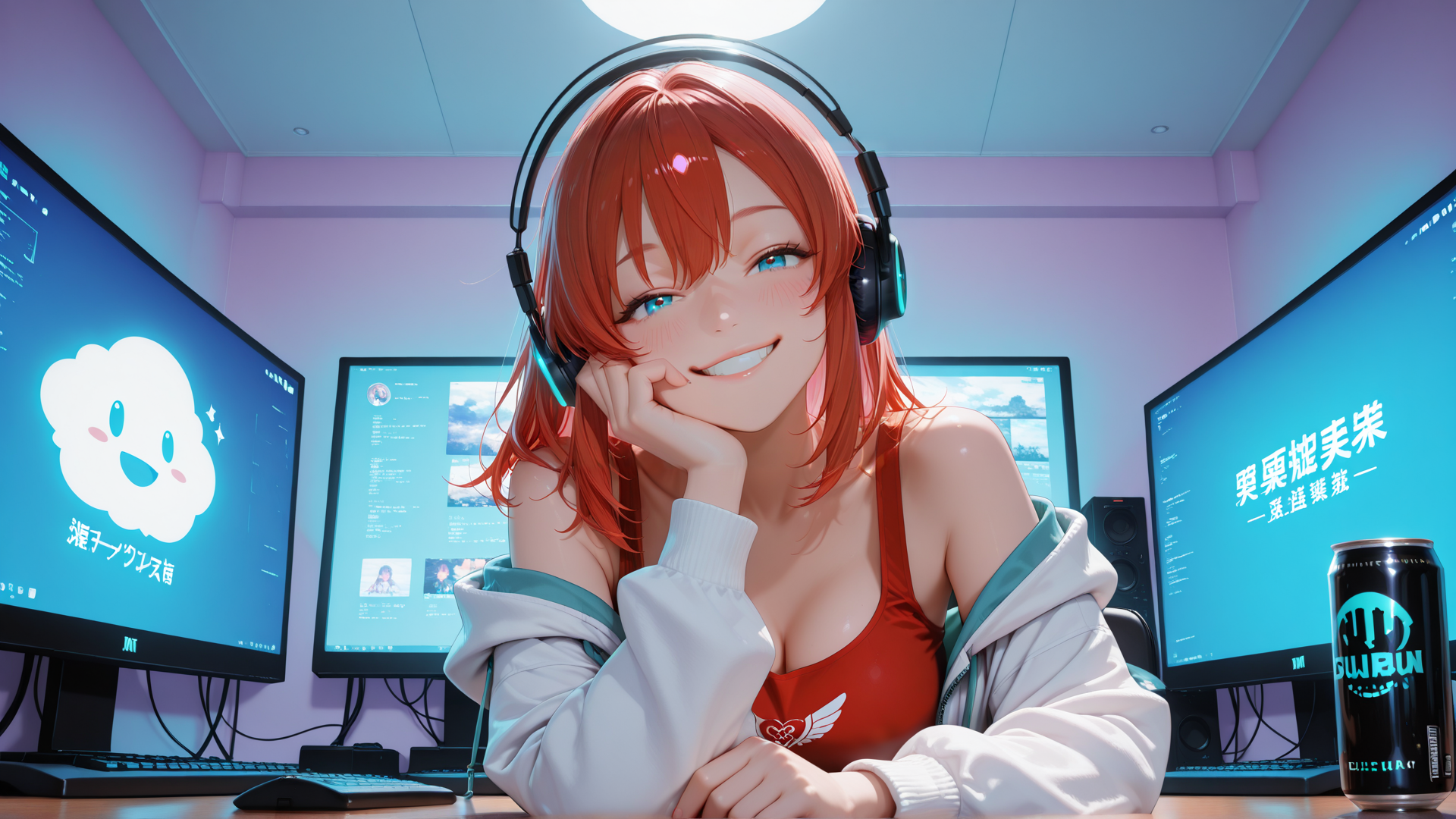 AI generated wallpaper featuring anime girl, gamer, headphones, computer monitors, can, hoodie, tank top