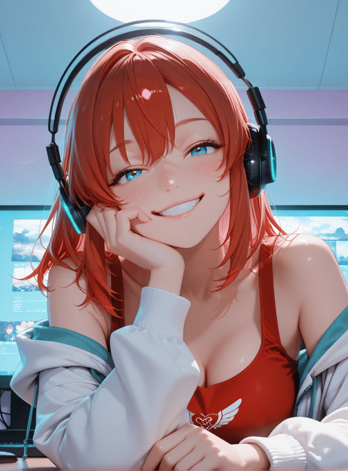 anime girl, gamer, headphones, computer monitors, can, hoodie, tank top