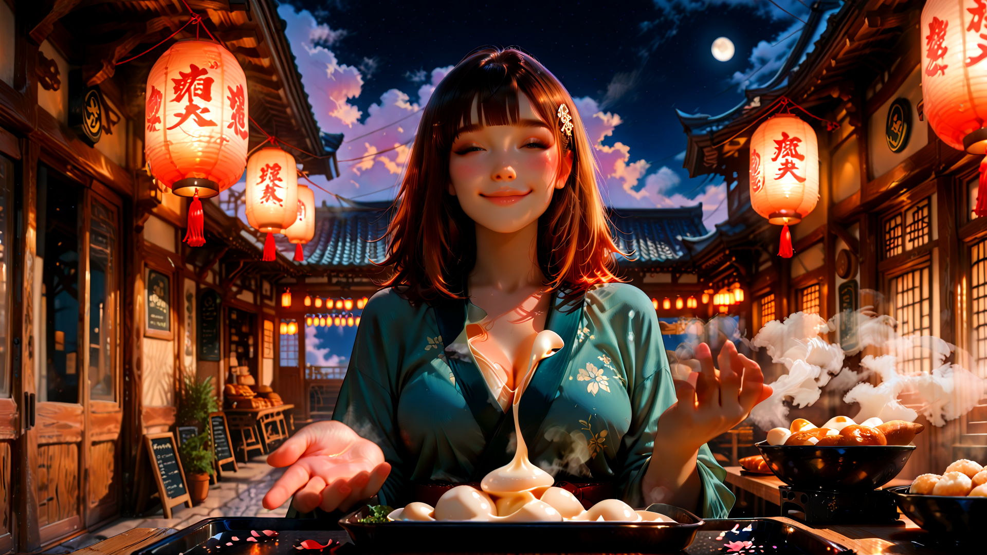 AI generated wallpaper featuring woman, lantern, food, traditional, alley, moon, lantern, dumpling, steaming, bowl