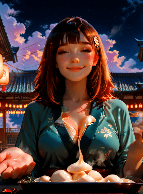 woman, lantern, food, traditional, alley, moon, lantern, dumpling, steaming, bowl