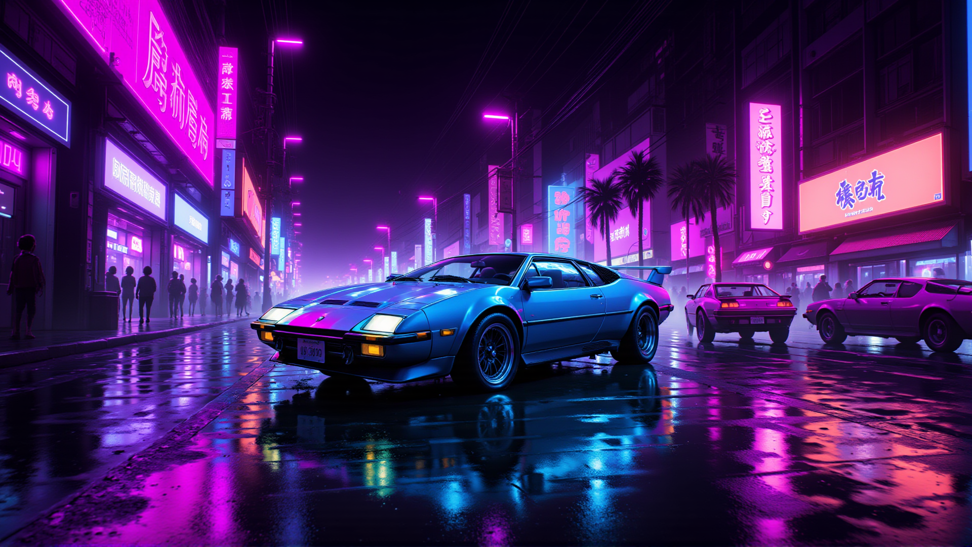 AI generated wallpaper featuring car, street, neon