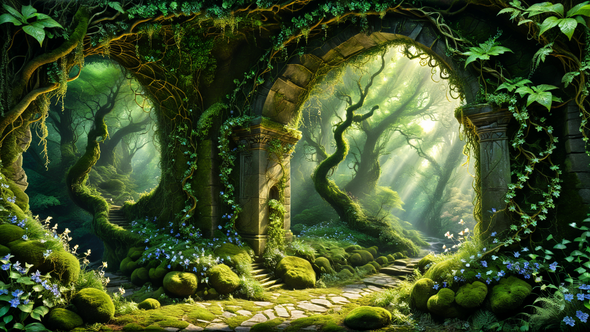 AI generated wallpaper featuring archway, forest, ancient ruins