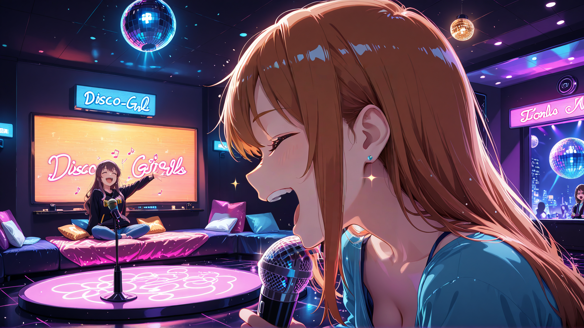 AI generated wallpaper featuring girl, mic, disco