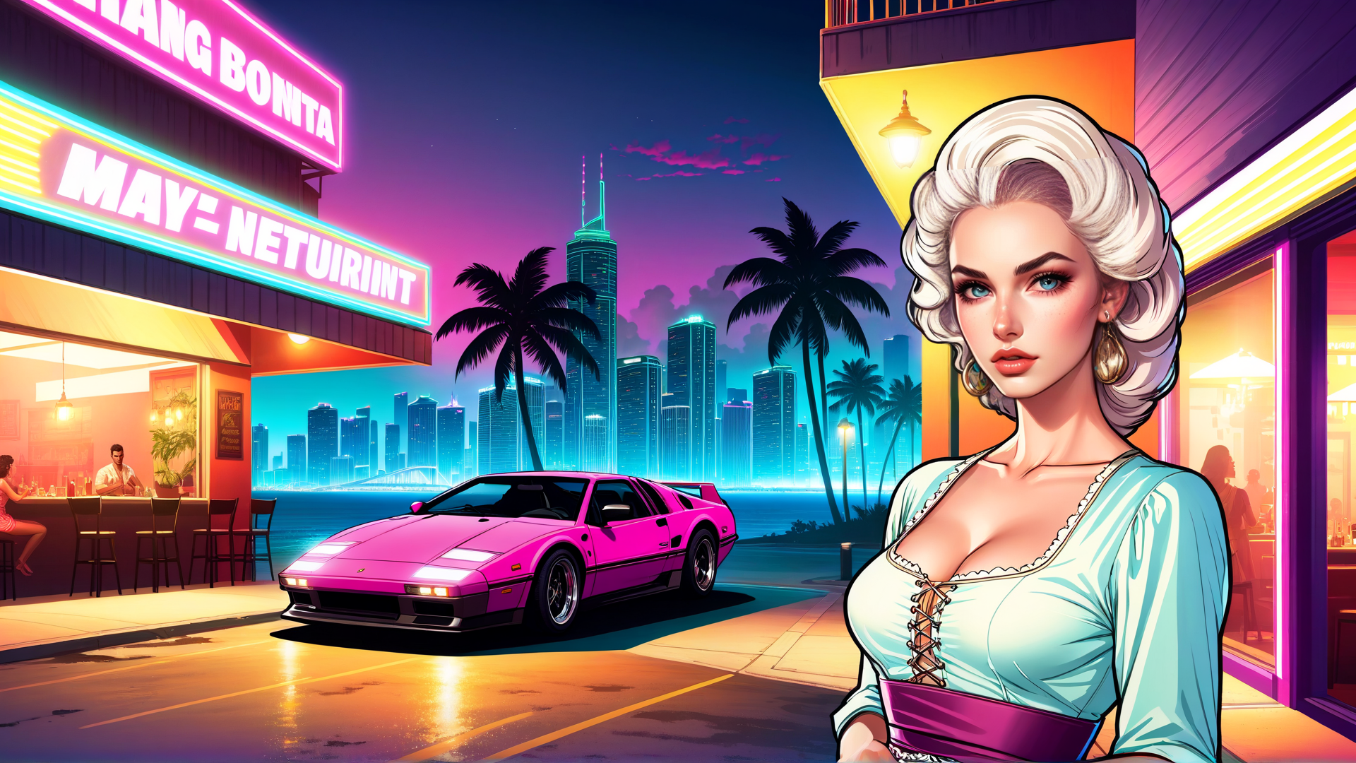AI generated wallpaper featuring woman, car, cityscape, palm tree, neon sign