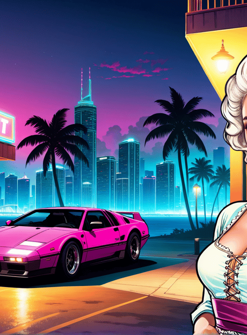 woman, car, cityscape, palm tree, neon sign