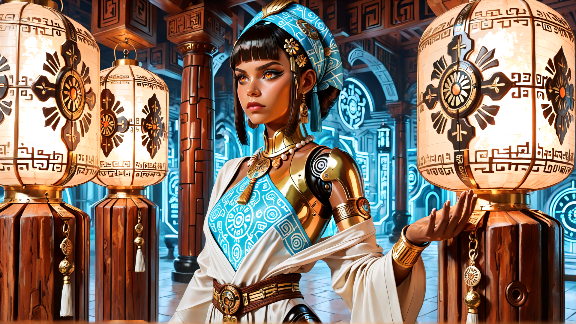 AI generated wallpaper featuring woman, lantern, armor, headwrap, jewelry, columns, archway, pattern, belt, tassel
