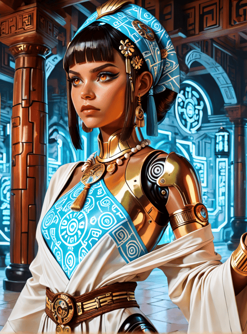 woman, lantern, armor, headwrap, jewelry, columns, archway, pattern, belt, tassel