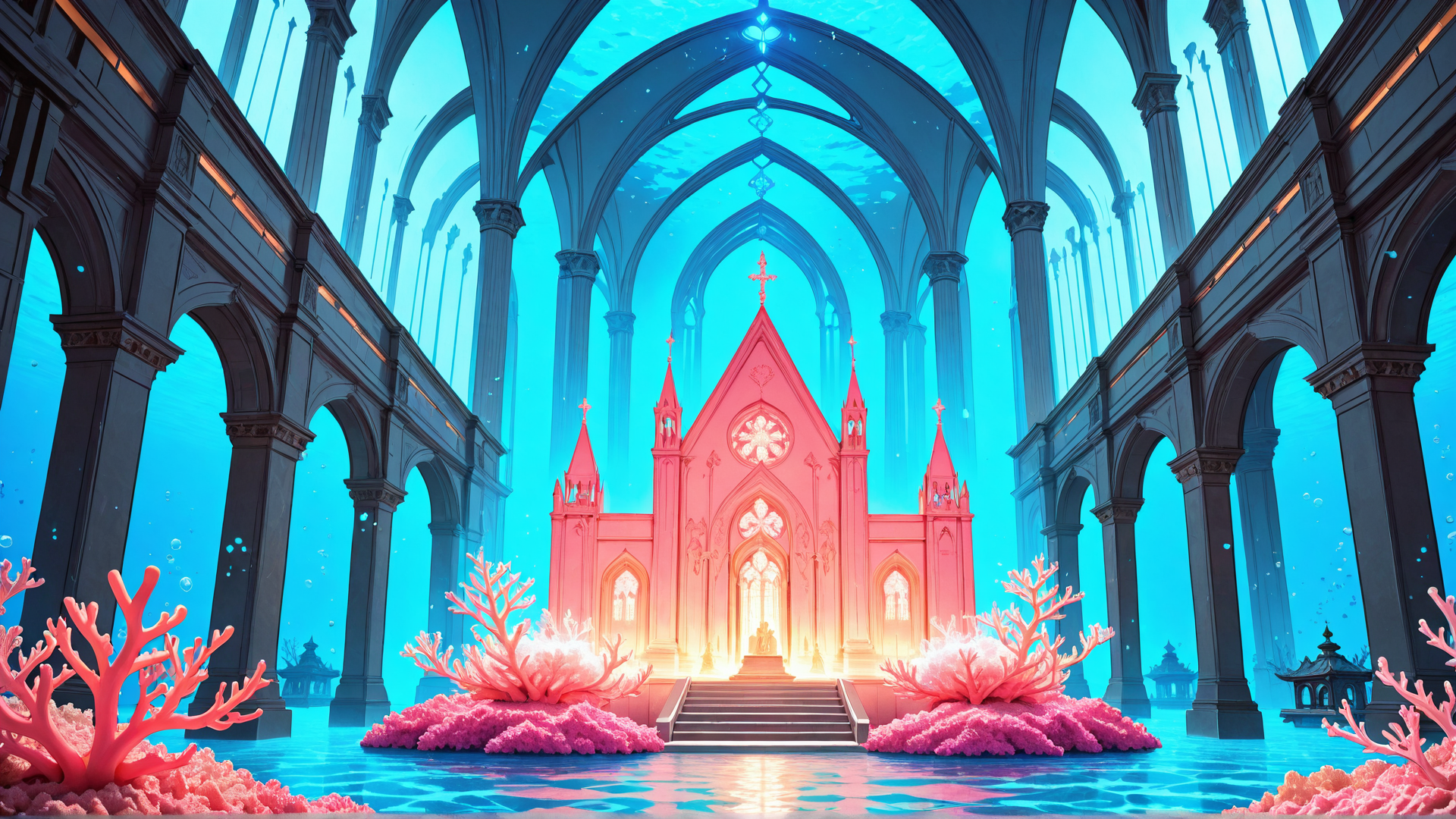 AI generated wallpaper featuring church, coral, cathedral, underwater, architecture