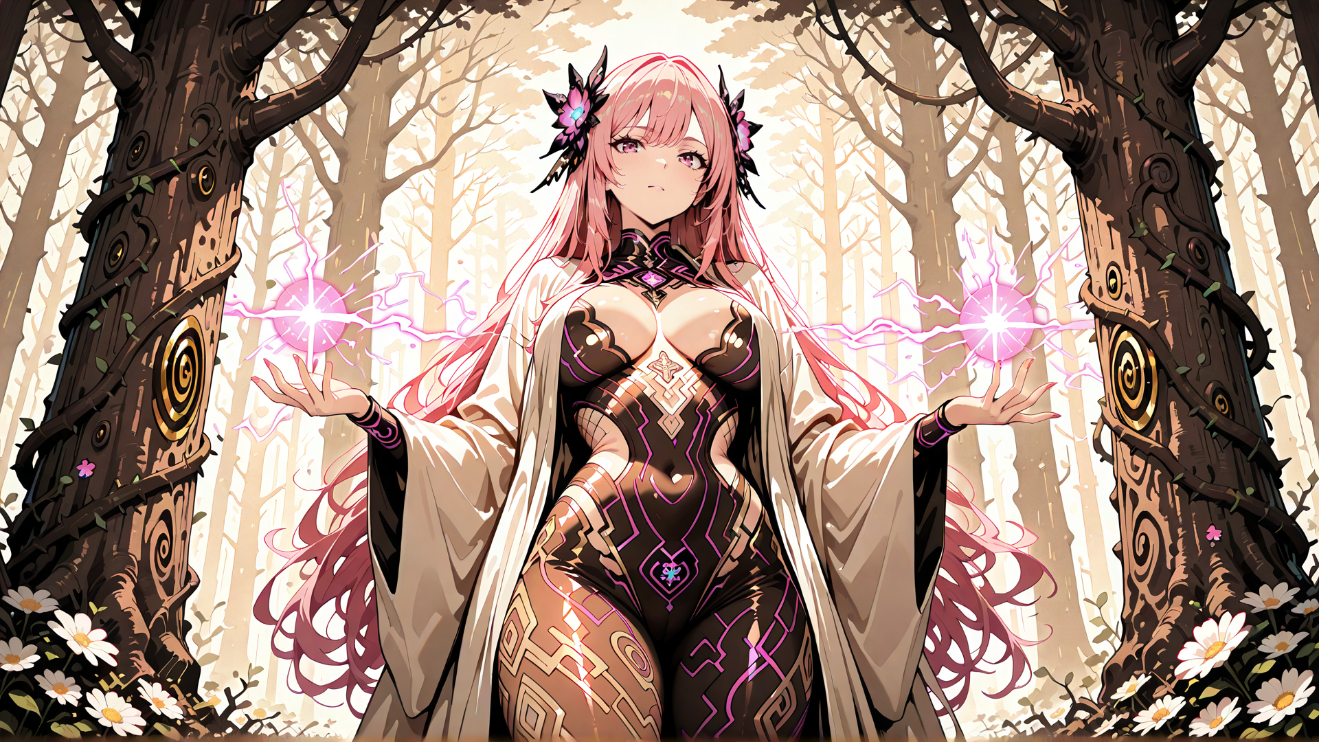 AI generated wallpaper featuring woman, forest, trees, magic, energy, flowers