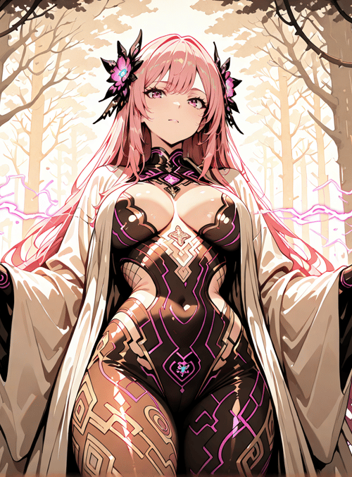 woman, forest, trees, magic, energy, flowers