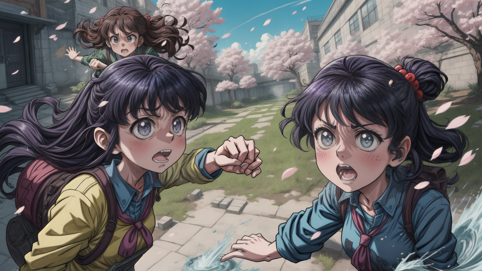 AI generated wallpaper featuring girls, cherry blossoms, school