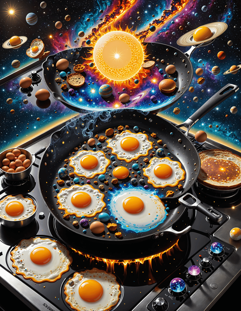 AI generated wallpaper featuring eggs, universe, frying pan
