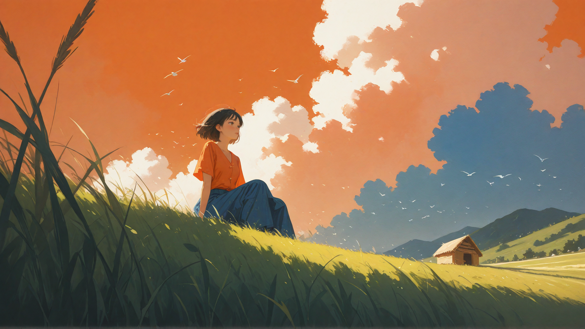 AI generated wallpaper featuring girl, grass, sky