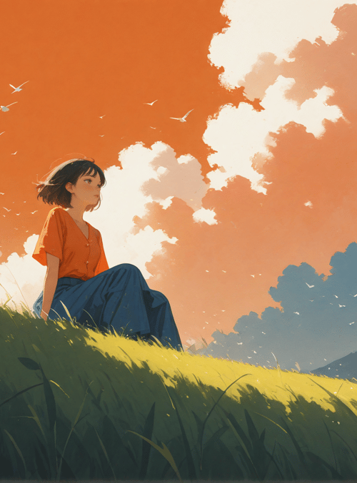 girl, grass, sky