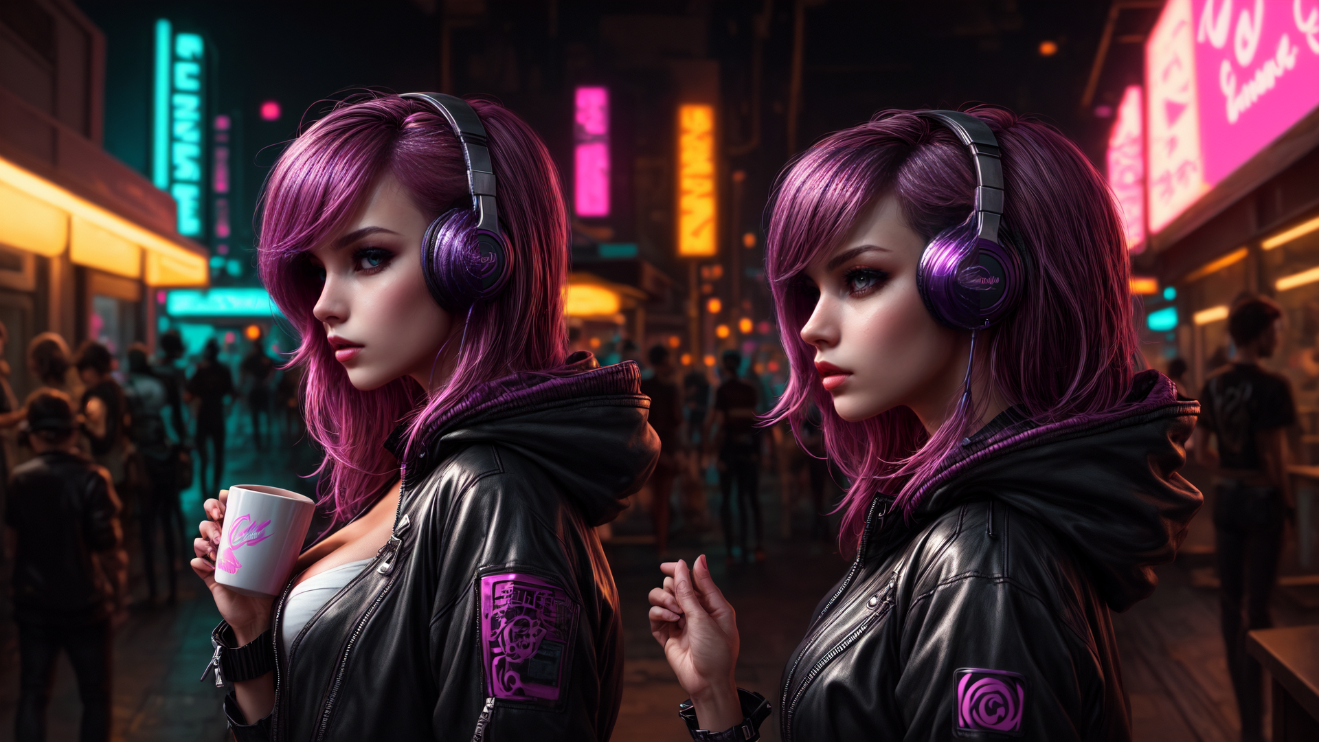 AI generated wallpaper featuring woman, headphones, cup