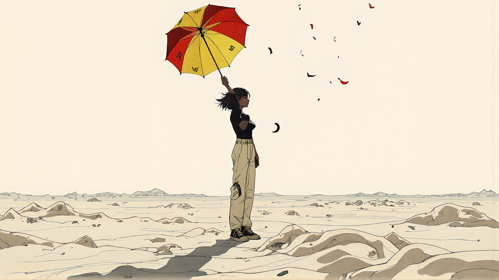 AI generated wallpaper featuring woman, umbrella, desert, birds, moon