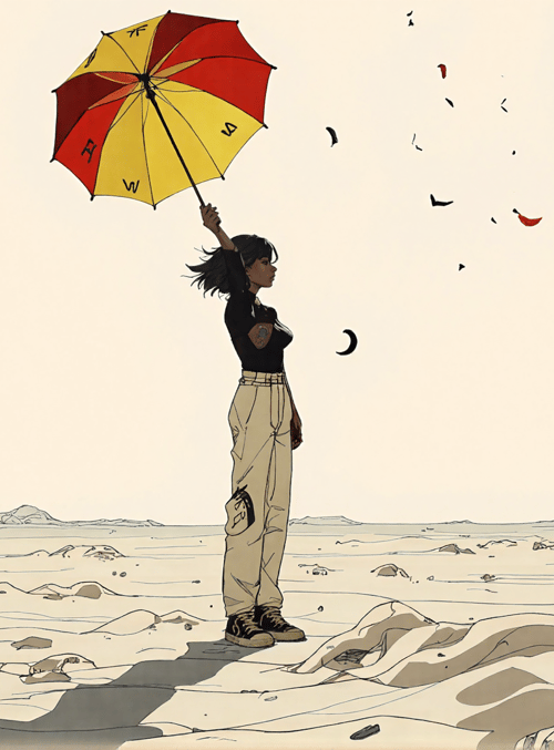 woman, umbrella, desert, birds, moon