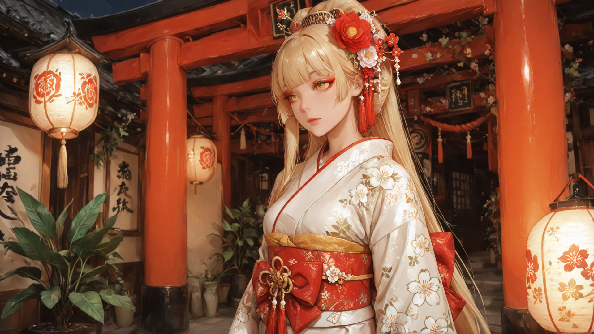 AI generated wallpaper featuring woman, lantern, kimono, flower, building, lantern, plant, sash, hairpin, cherry