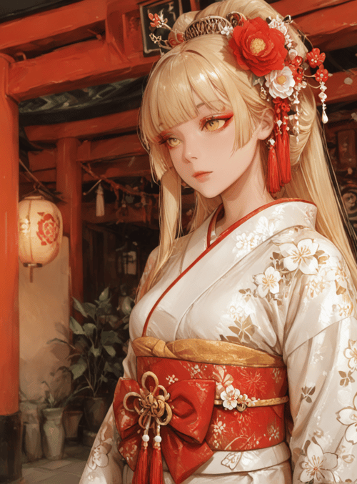 woman, lantern, kimono, flower, building, lantern, plant, sash, hairpin, cherry