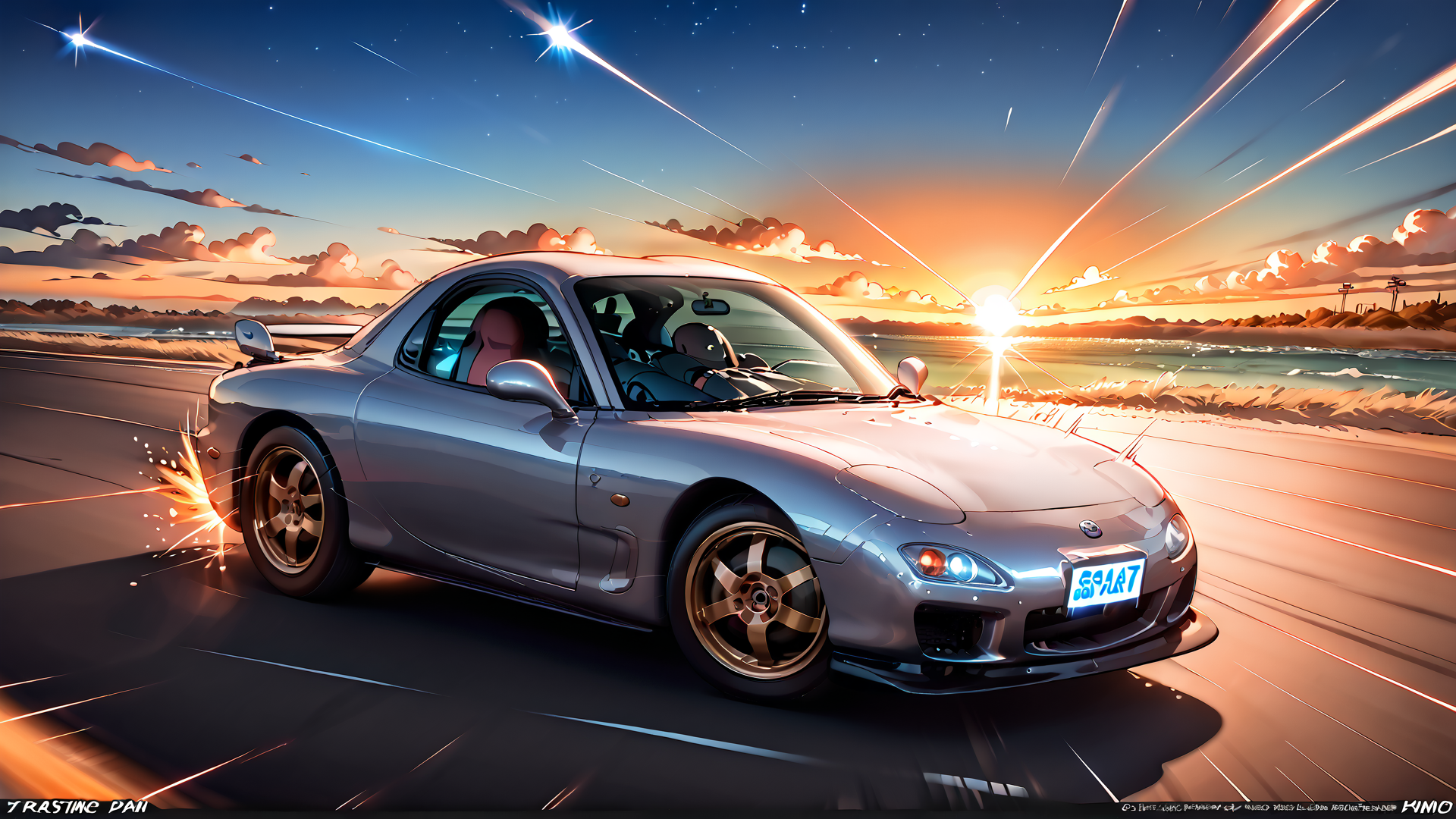 AI generated wallpaper featuring car, road, sunset, sparkles, sky, clouds, driver, license plate, wheels, sun