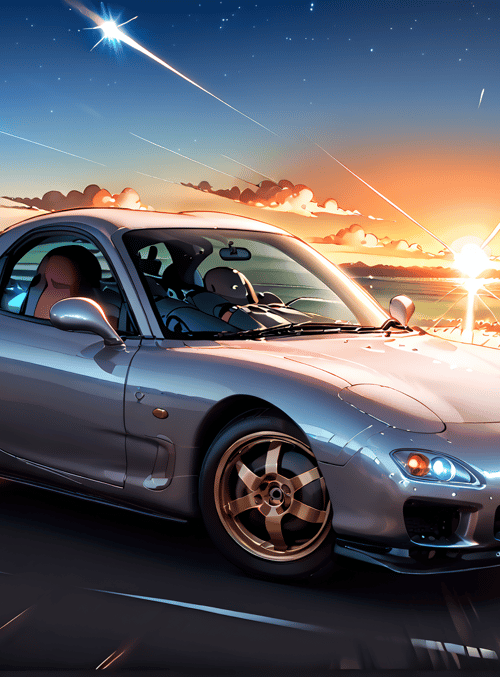 car, road, sunset, sparkles, sky, clouds, driver, license plate, wheels, sun