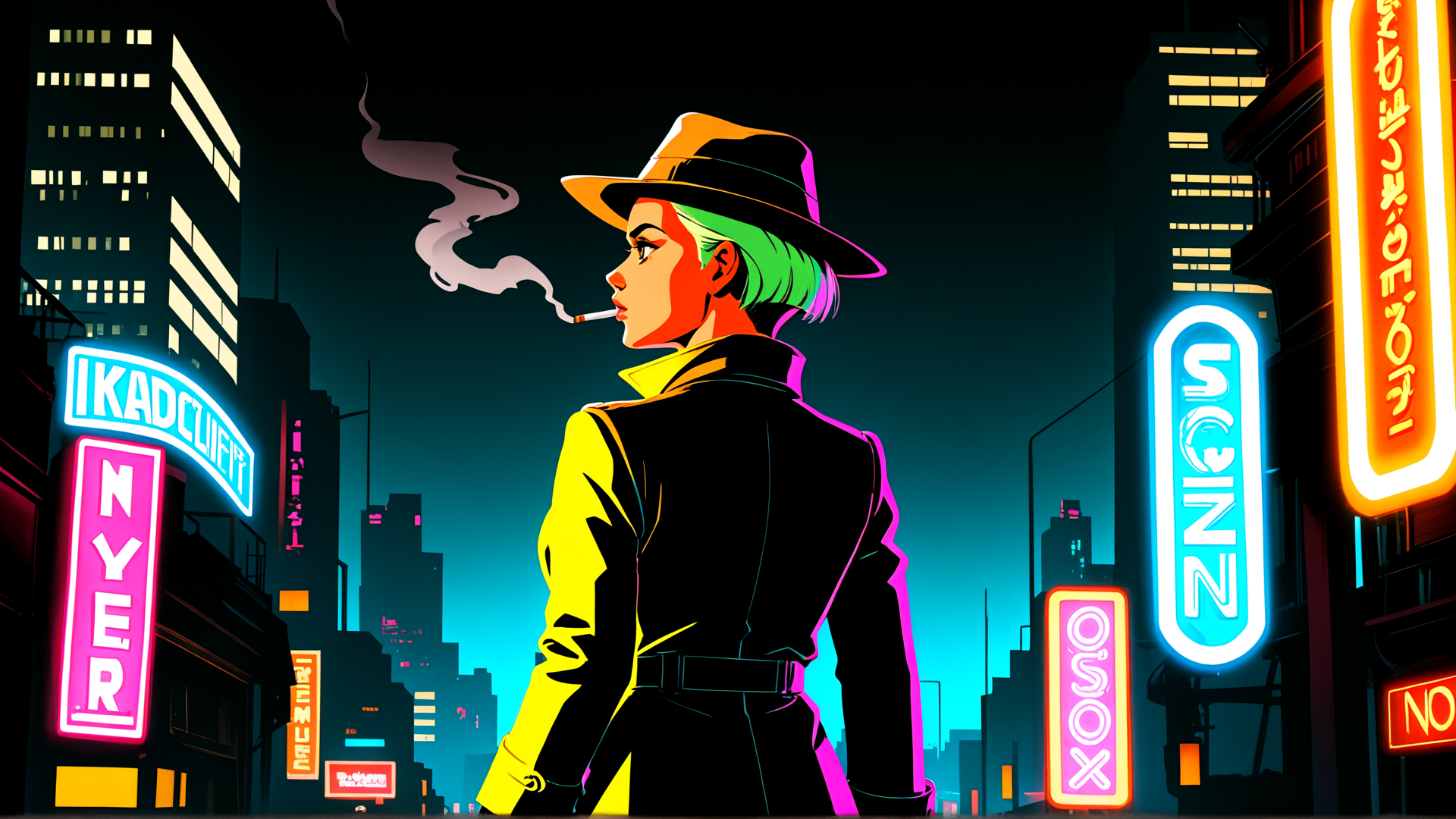 AI generated wallpaper featuring person, hat, cigarette, cityscape, neon signs, buildings