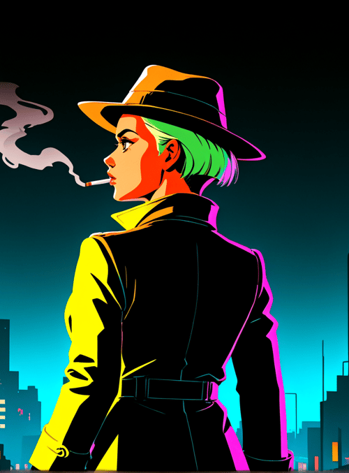 person, hat, cigarette, cityscape, neon signs, buildings