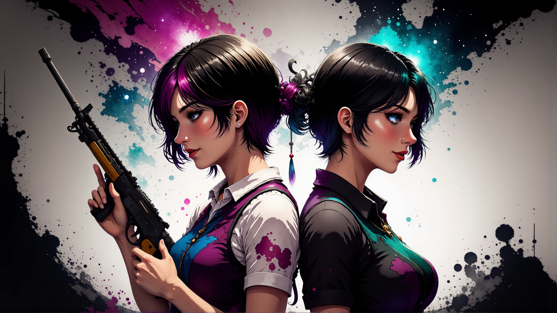 AI generated wallpaper featuring girl, woman, gun, hair, back, sweater, shirt, earring, tattoo, sweater