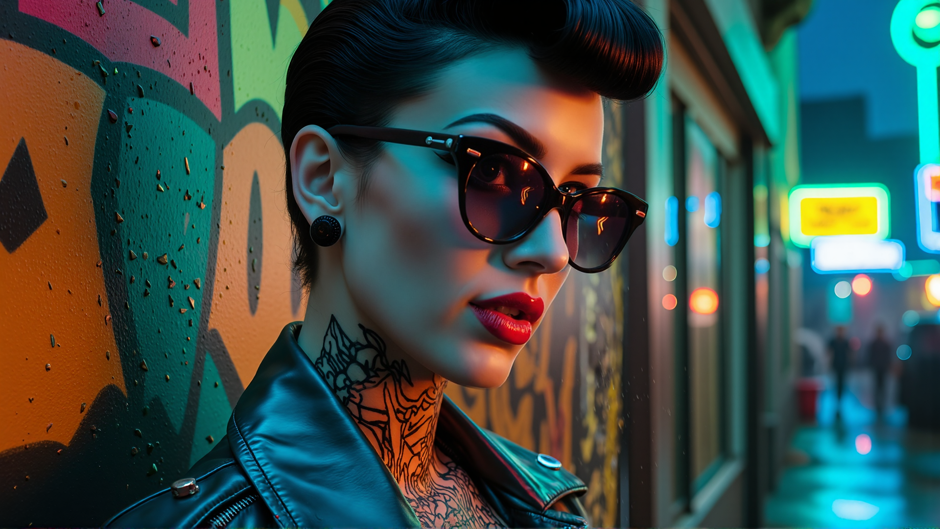 AI generated wallpaper featuring woman, graffiti, neon lights, tattoo, sunglasses, leather jacket