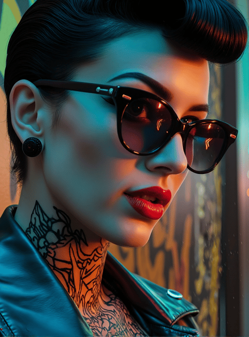 woman, graffiti, neon lights, tattoo, sunglasses, leather jacket