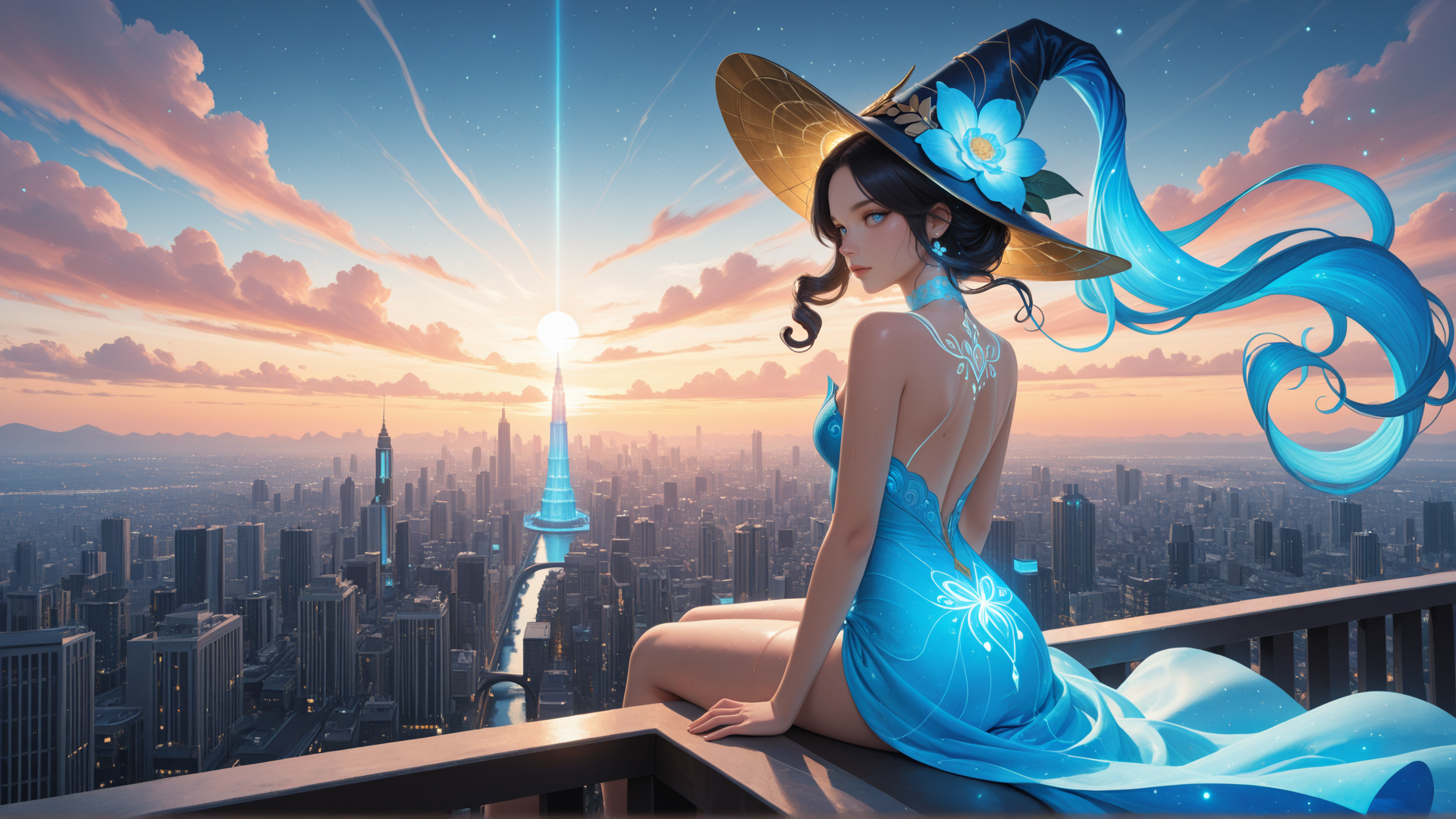 AI generated wallpaper featuring witch, woman, cityscape, sun, dress, hat