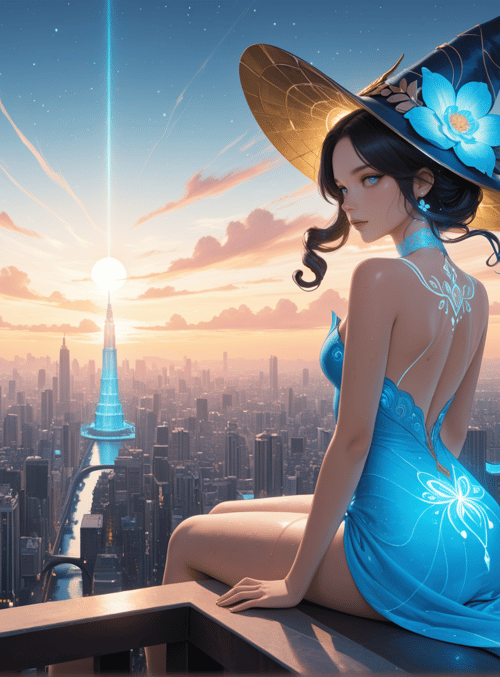 witch, woman, cityscape, sun, dress, hat