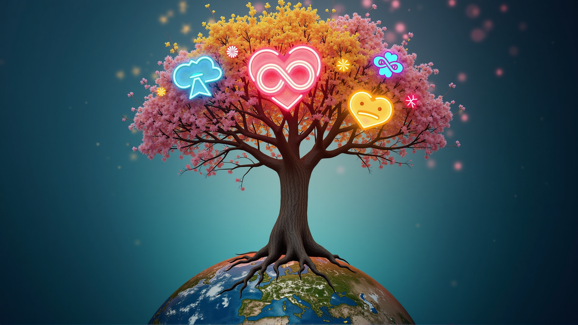 AI generated wallpaper featuring tree, earth, neon, heart, cloud