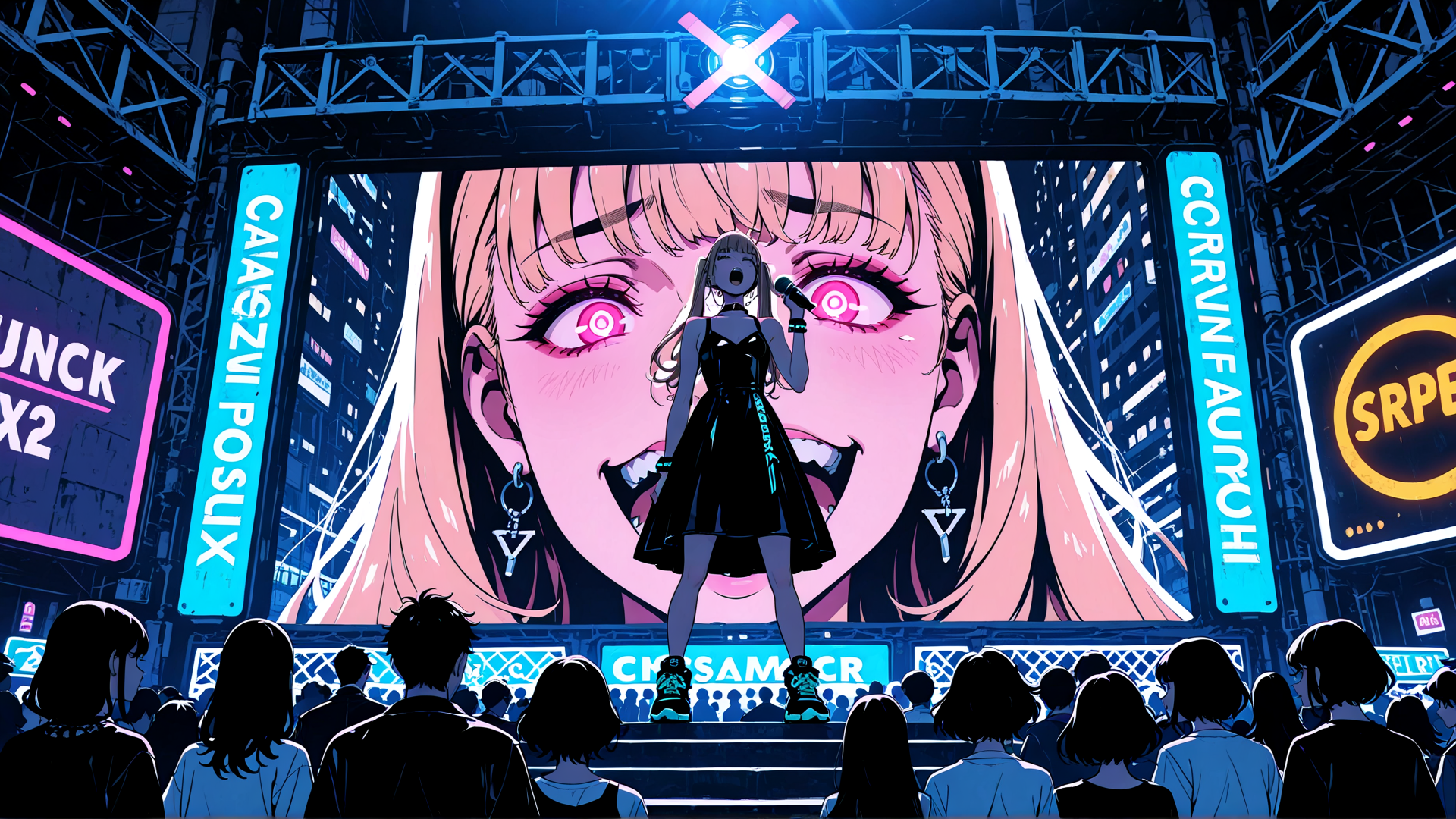 AI generated wallpaper featuring girl, stage, audience, screen, city, signs, microphone, dress, ears, hairs