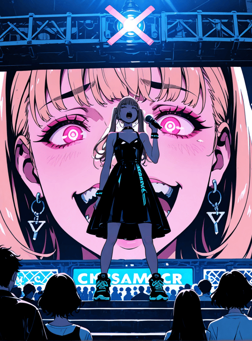 girl, stage, audience, screen, city, signs, microphone, dress, ears, hairs