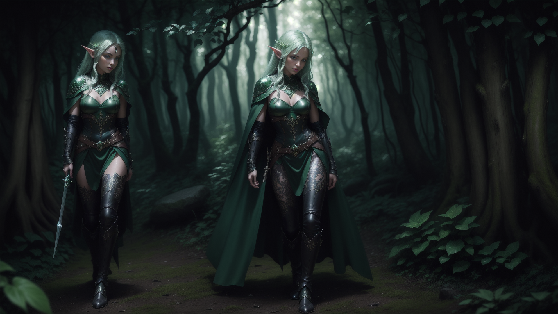 AI generated wallpaper featuring elves, swords, forest