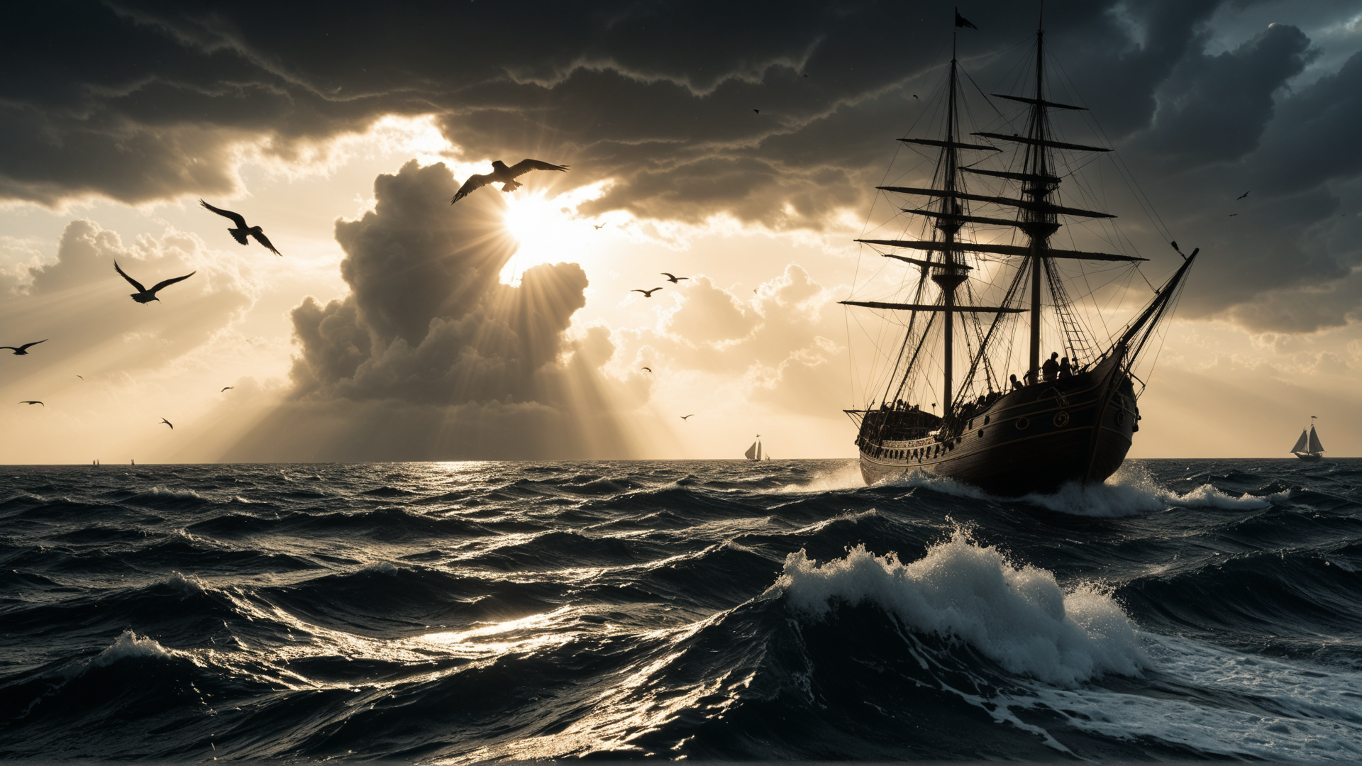 AI generated wallpaper featuring ship, seagulls, ocean