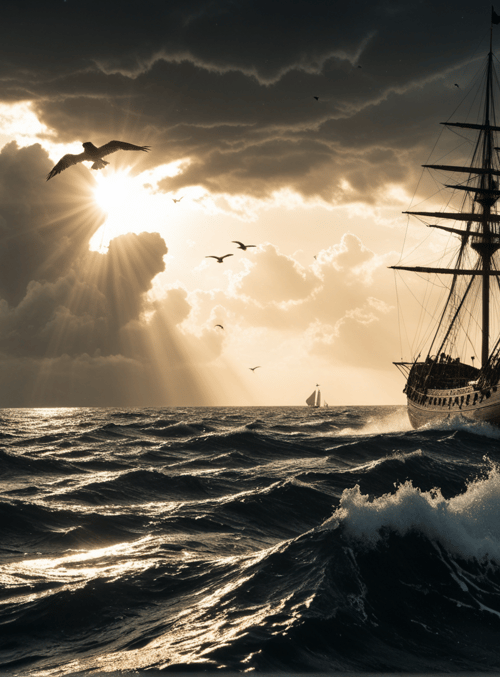 ship, seagulls, ocean