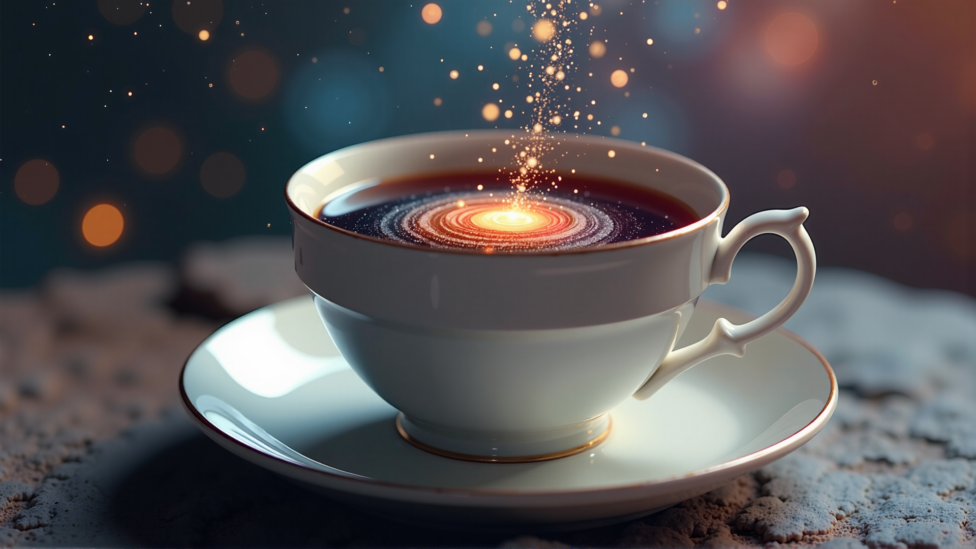 AI generated wallpaper featuring cup, coffee, sparks, plate, dust