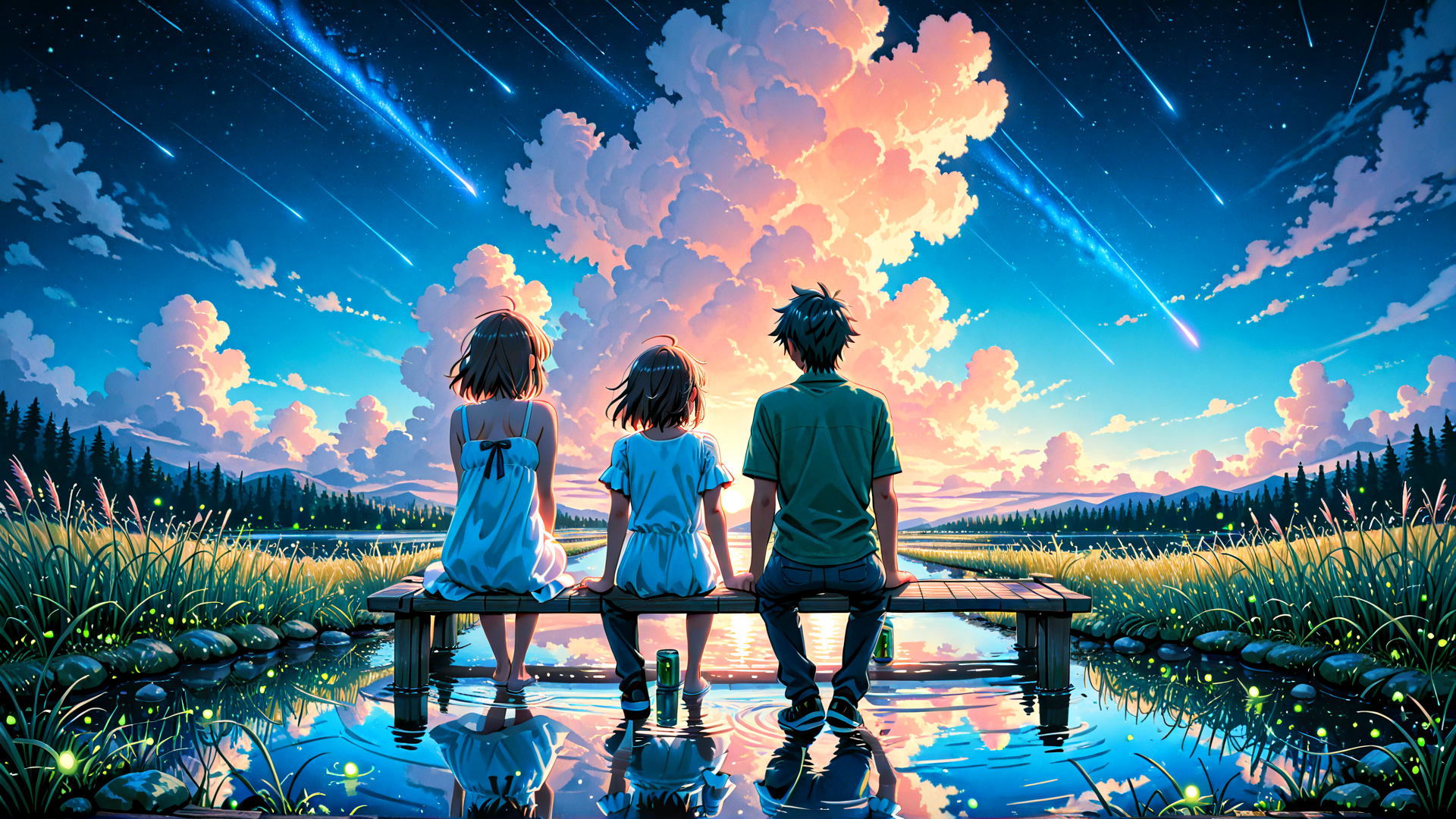AI generated wallpaper featuring children, bench, sky, clouds, stars, lake, grass, fireflies, mountains, trees