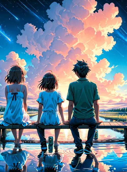 children, bench, sky, clouds, stars, lake, grass, fireflies, mountains, trees